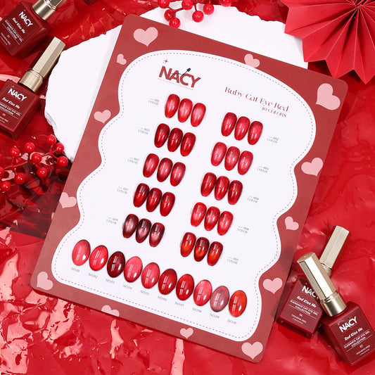 Full Set Nacy Ruby Red Cat Eye Gel 10 Colors 0.5oz- Free Color chart display + Top Coat & Magnet