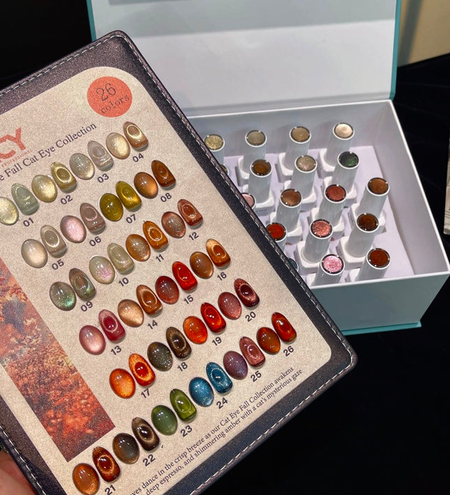 Full Set Nacy Deluxe Fall Cat Eye 26 Colors 0.5oz / Free Display Chart w Magnet & Top Coat
