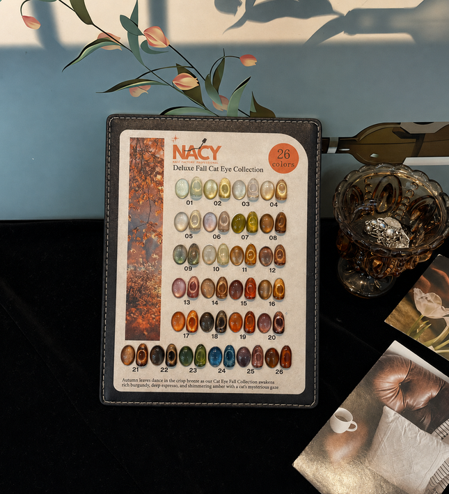 Full Set Nacy Deluxe Fall Cat Eye 26 Colors 0.5oz / Free Display Chart w Magnet & Top Coat