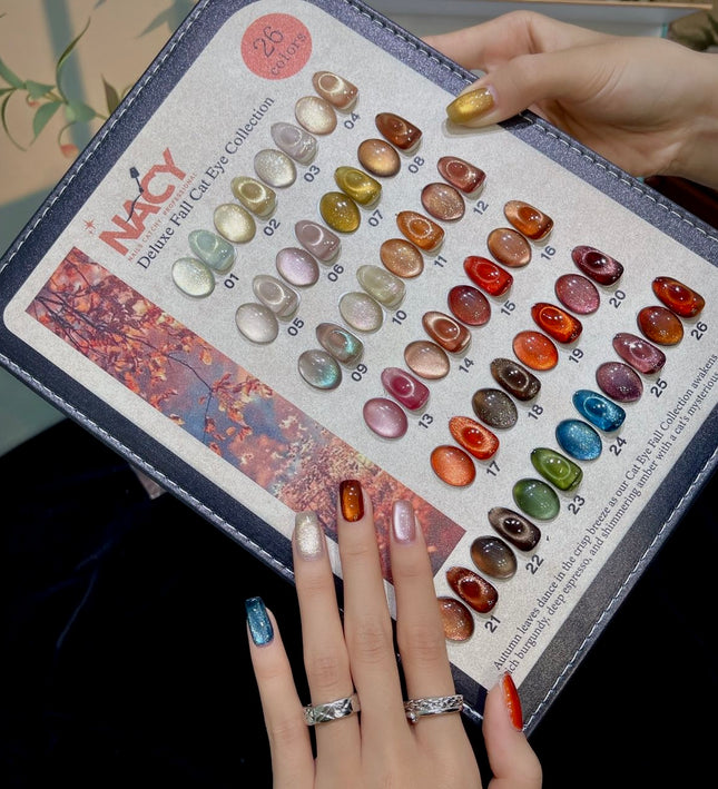 Full Set Nacy Deluxe Fall Cat Eye 26 Colors 0.5oz / Free Display Chart w Magnet & Top Coat
