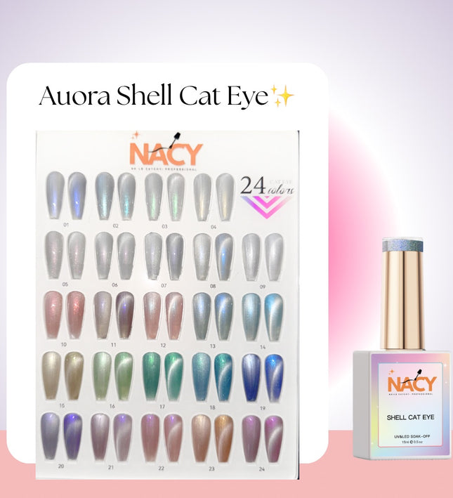 Nacy Seashell Auora Cat Eye Set 24 Colors / Free color chart Book display