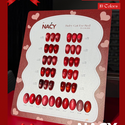 Full Set Nacy Ruby Red Cat Eye Gel 10 Colors 0.5oz- Free Color chart display + Top Coat & Magnet