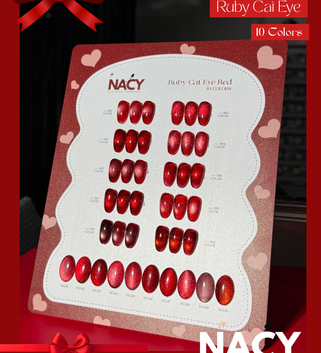 Full Set Nacy Ruby Red Cat Eye Gel 10 Colors 0.5oz- Free Color chart display + Top Coat & Magnet
