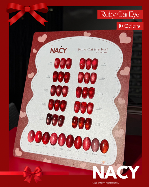 Full Set Nacy Ruby Red Cat Eye Gel 10 Colors 0.5oz- Free Color chart display + Top Coat & Magnet
