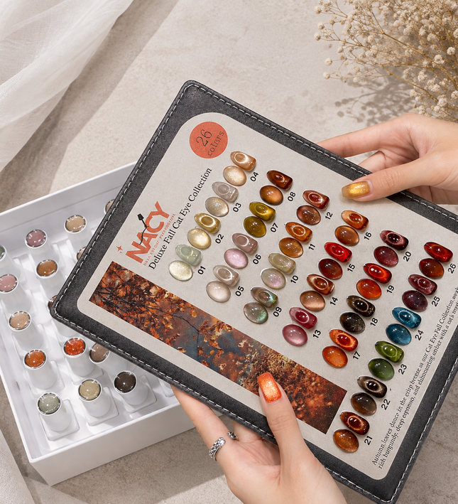 Full Set Nacy Deluxe Fall Cat Eye 26 Colors 0.5oz / Free Display Chart w Magnet & Top Coat