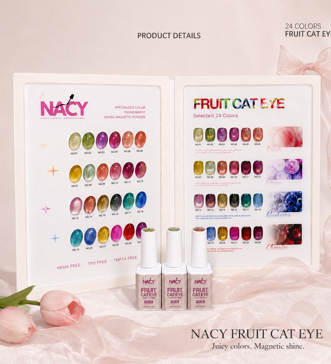 🍓Nacy Fruit Cat Eye 24 Colors Gel 0.5oz Set / Free 1 Color Chart Display HEMA-TPO Free