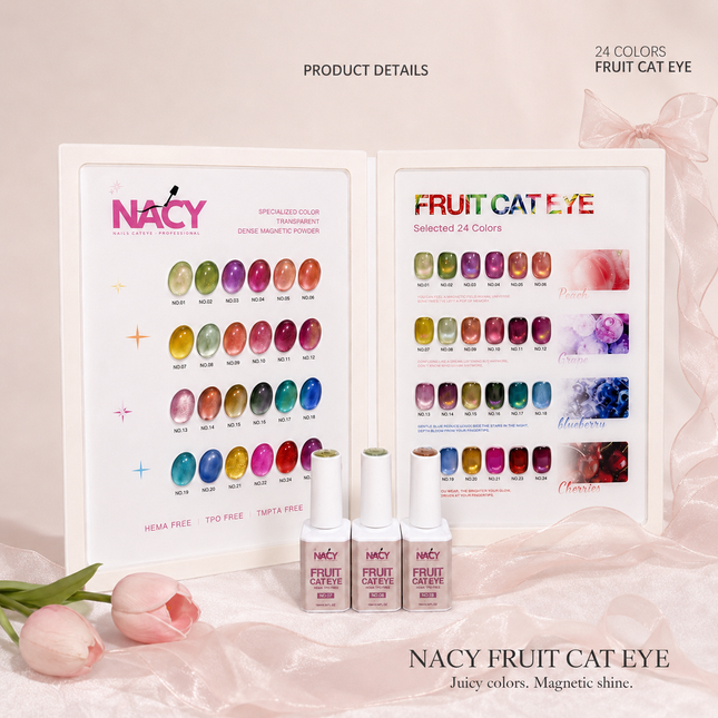 🍓Nacy Fruit Cat Eye 24 Colors Gel 0.5oz Set / Free 1 Color Chart Display HEMA-TPO Free