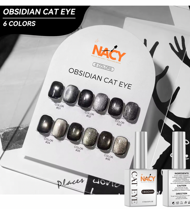 Nacy Set of 6 Obsidian Black Cat Eye Gel 0.5oz