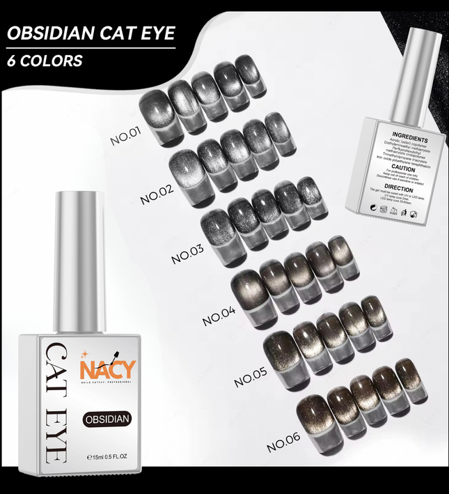 Nacy Set of 6 Obsidian Black Cat Eye Gel 0.5oz