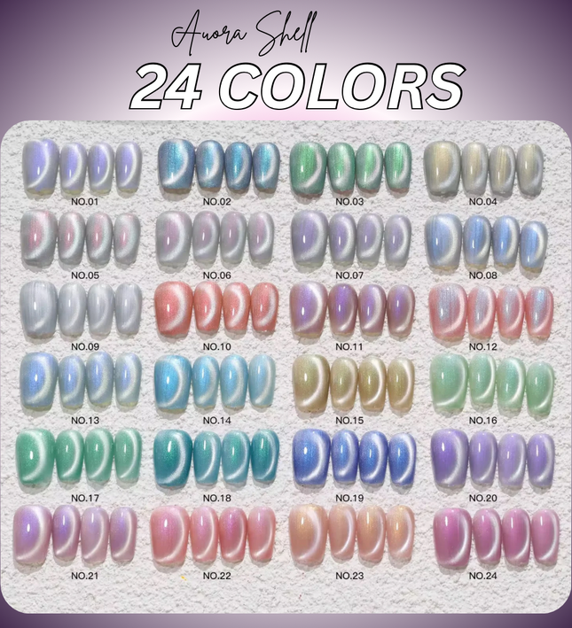 Nacy Seashell Auora Cat Eye Set 24 Colors / Free color chart Book display