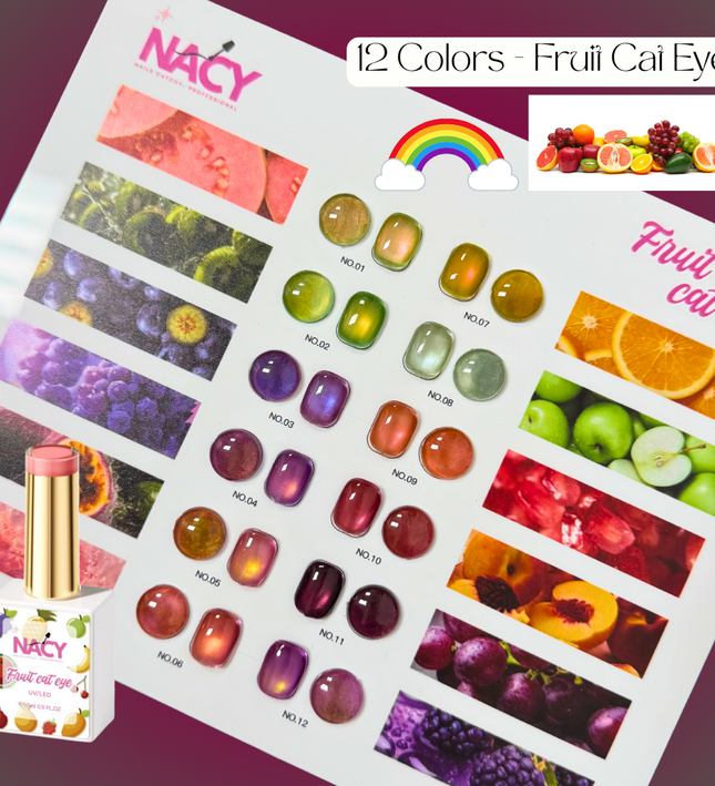 🍓Nacy Fruit Cat Eye 12 Colors Gel 0.5oz Set / Free 1 Color Chart Display